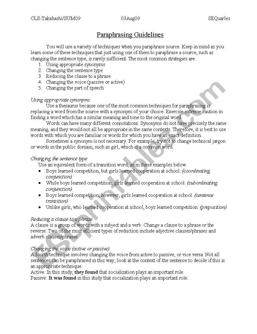 Paraphrasing Guidelines worksheet