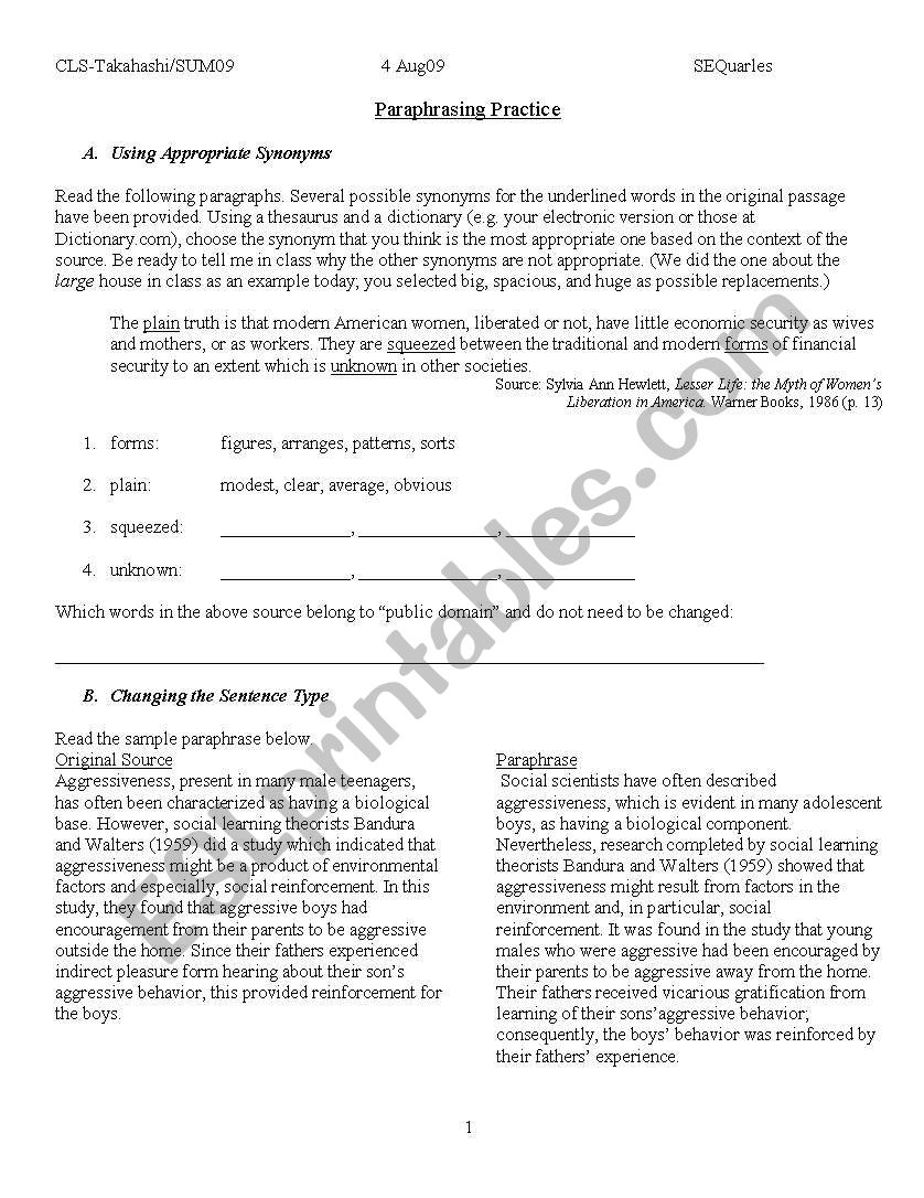 Paraphrasing Practice Packet worksheet