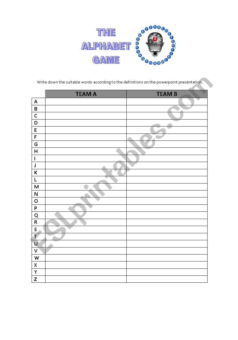 The Alphabet Game - Handout worksheet