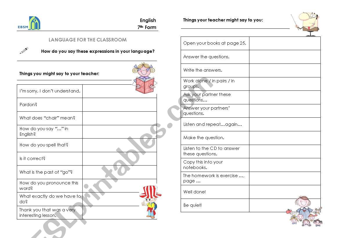language for the classroom worksheet