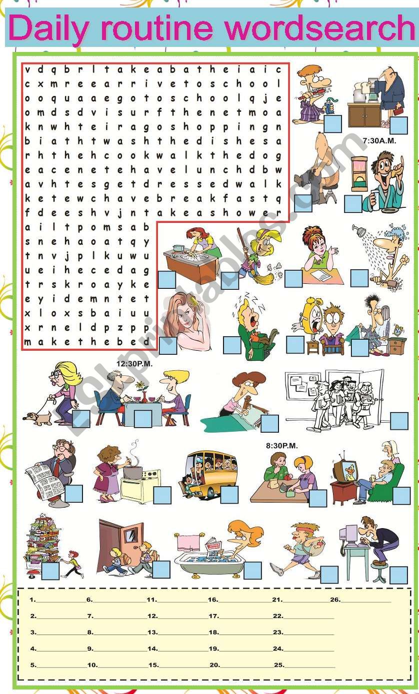 Daily Routine Wordsearch worksheet