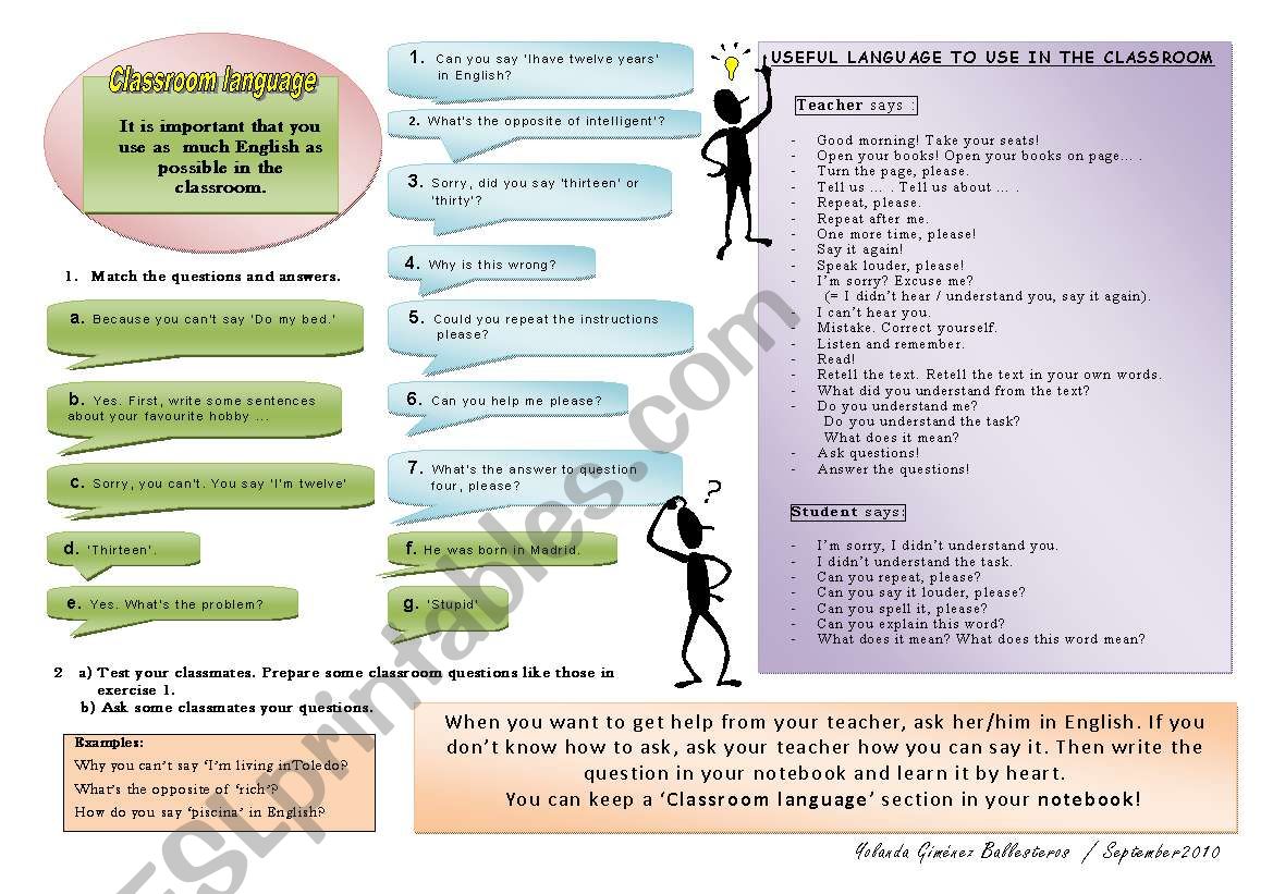 Let´s Use English in the Class: Classroom Language - ESL worksheet by ...