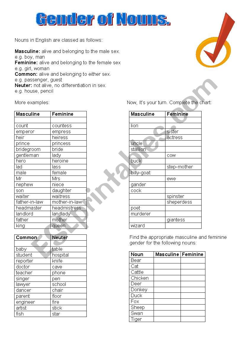 Gender Of Nouns worksheet