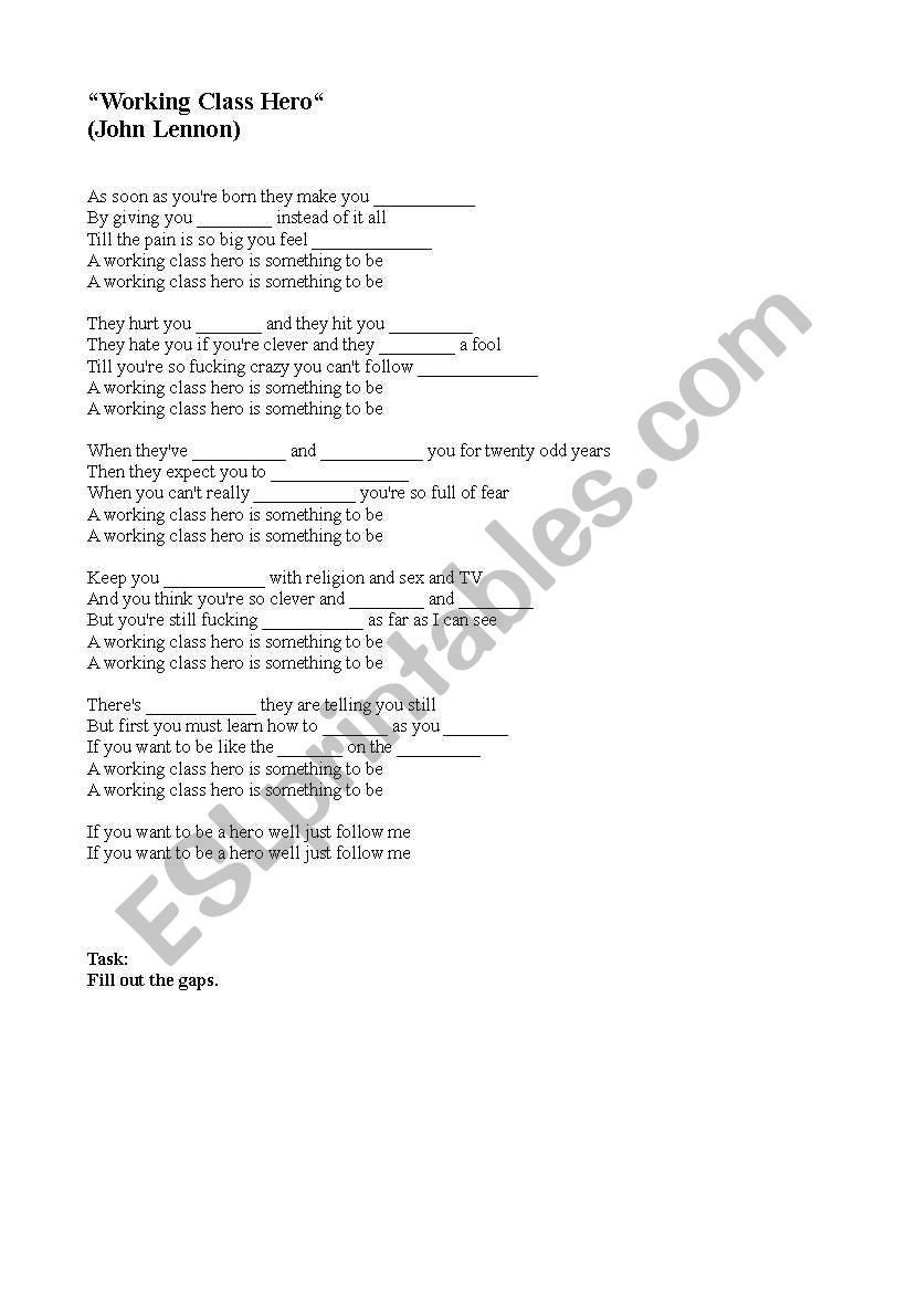 Working Class Hero by John Lennon Gap Worksheet