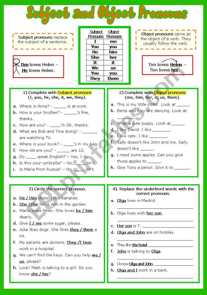 Subject and Object Pronouns Part 1 # Answer Key # Fully editable