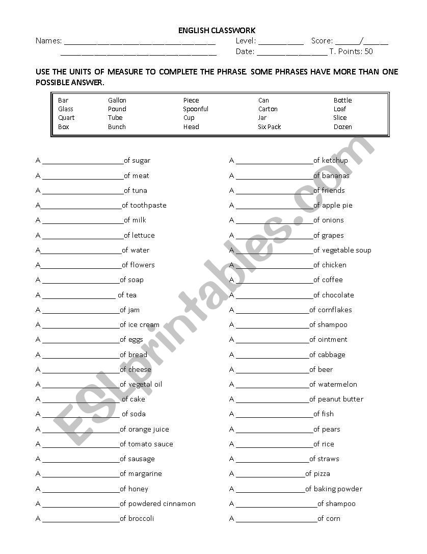 UNITS OF MEASUREMENT - COUNT-NON COUNT NOUNS