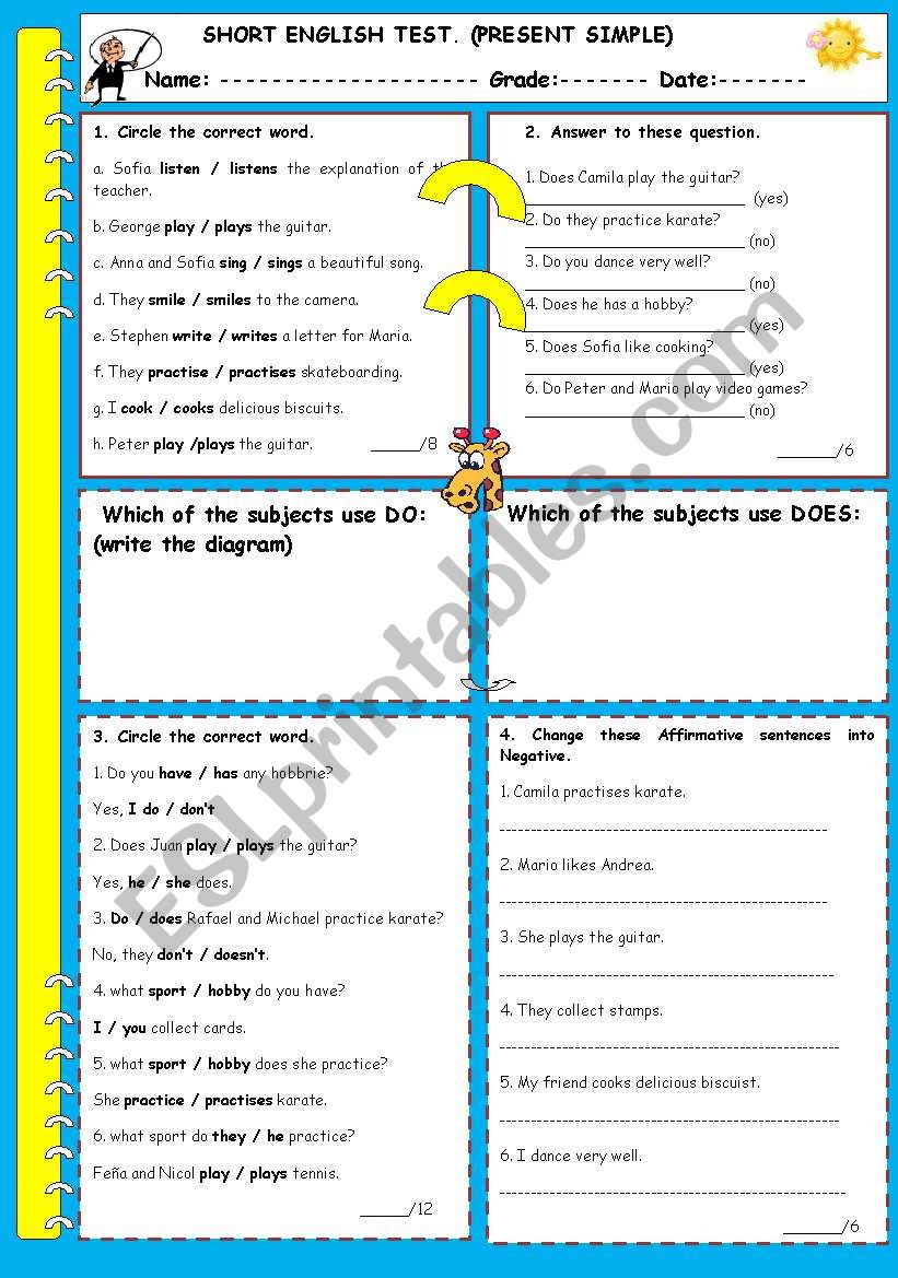 Present Simple short test worksheet