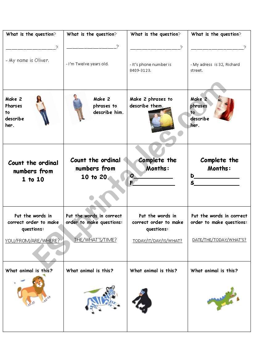 Game Cards worksheet