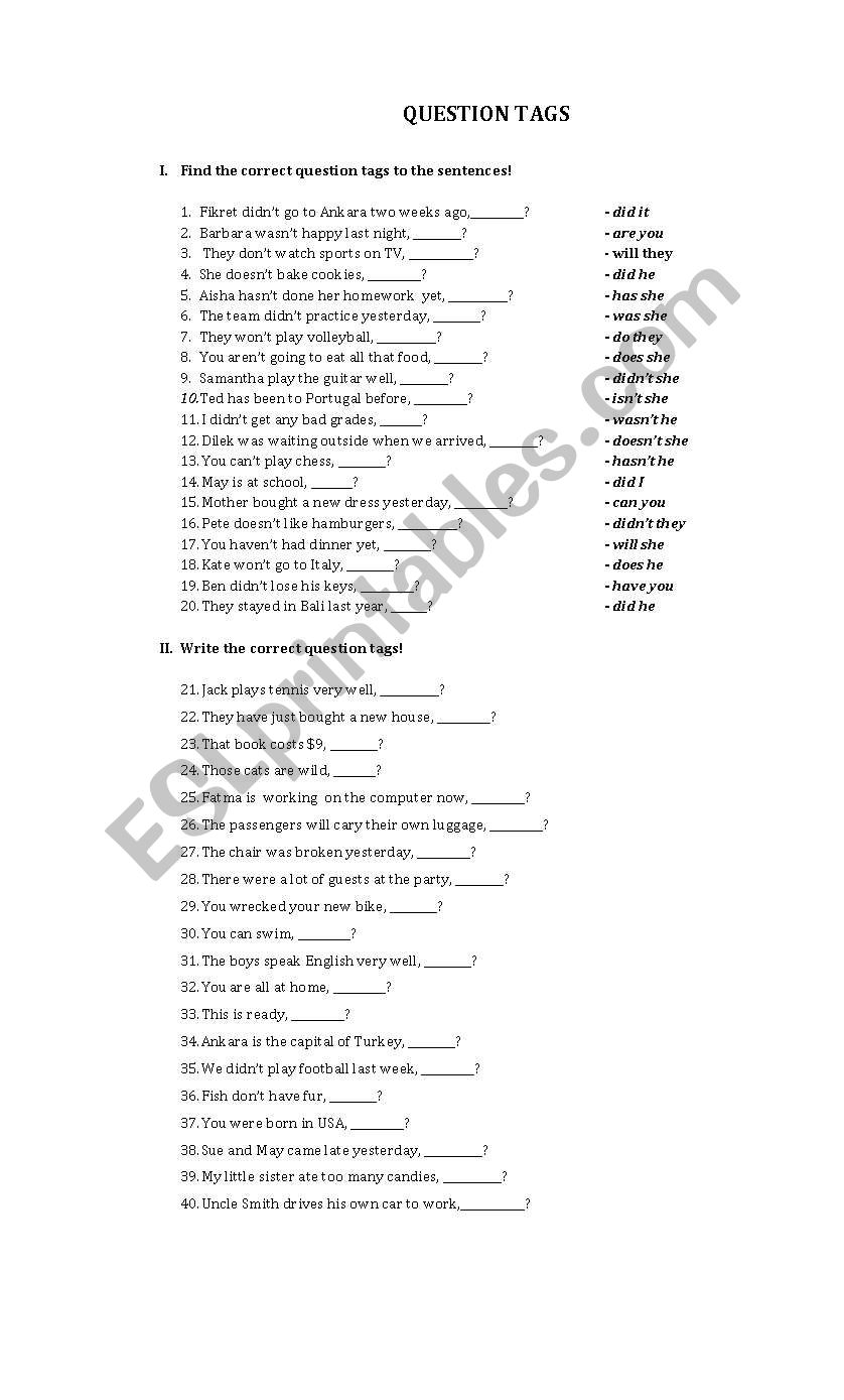 Question tags worksheet