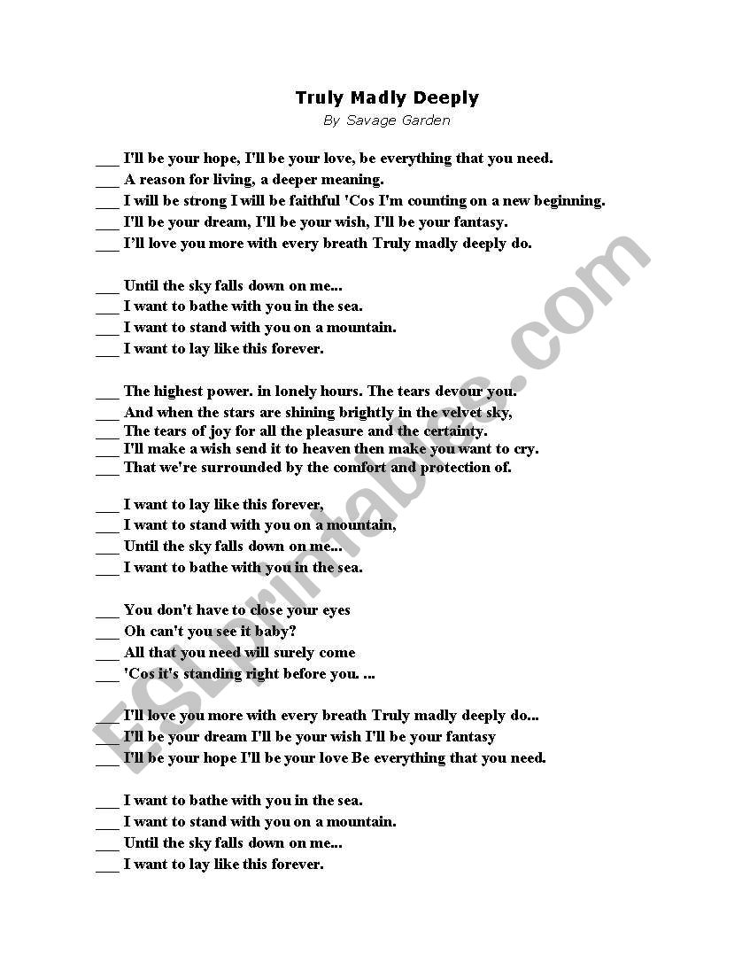 Song, Truly Madly Deeply worksheet