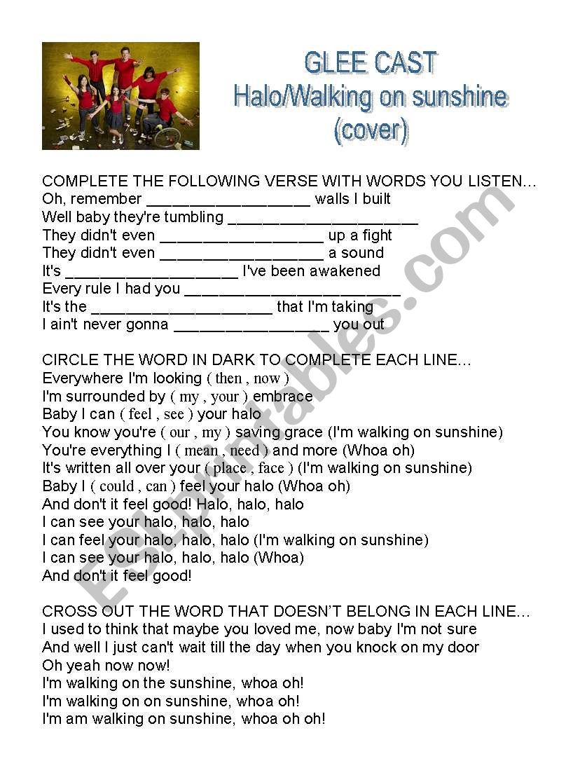 Halo  Walking on sunshine worksheet