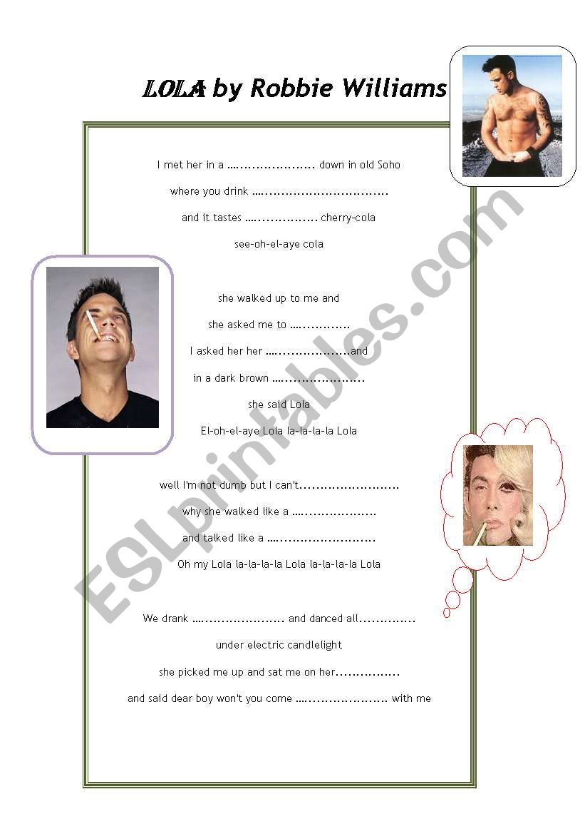 LOLA, Robbie Williams worksheet