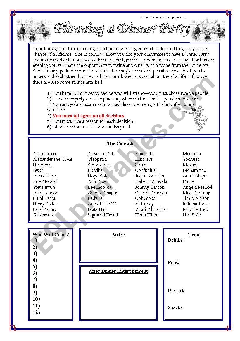 Fantasy Dinner Party worksheet