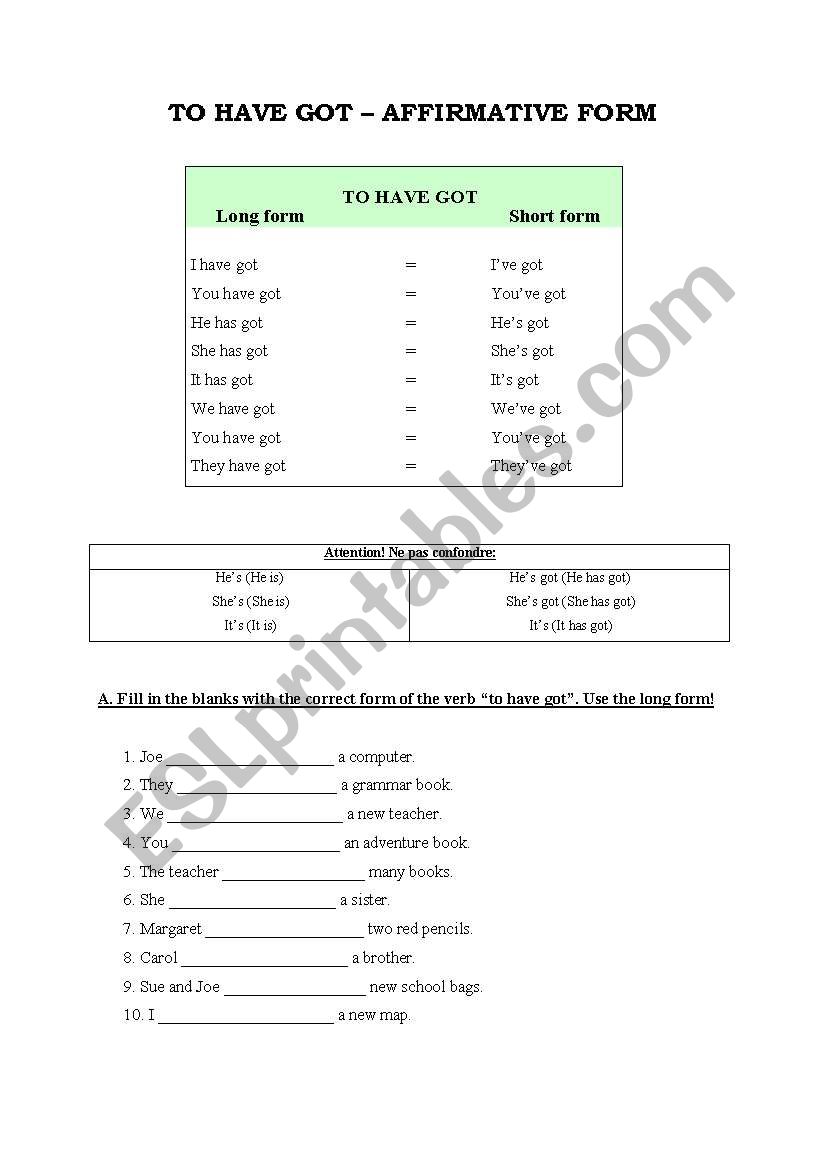 To have got affirmative form worksheet