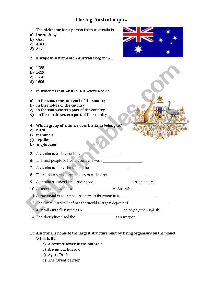 The Big Australia Quiz worksheet