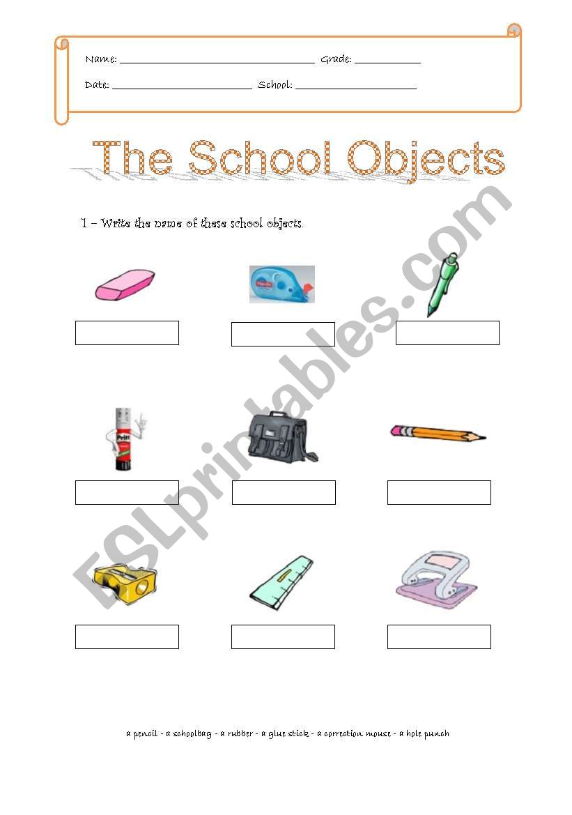 School objects worksheet worksheet