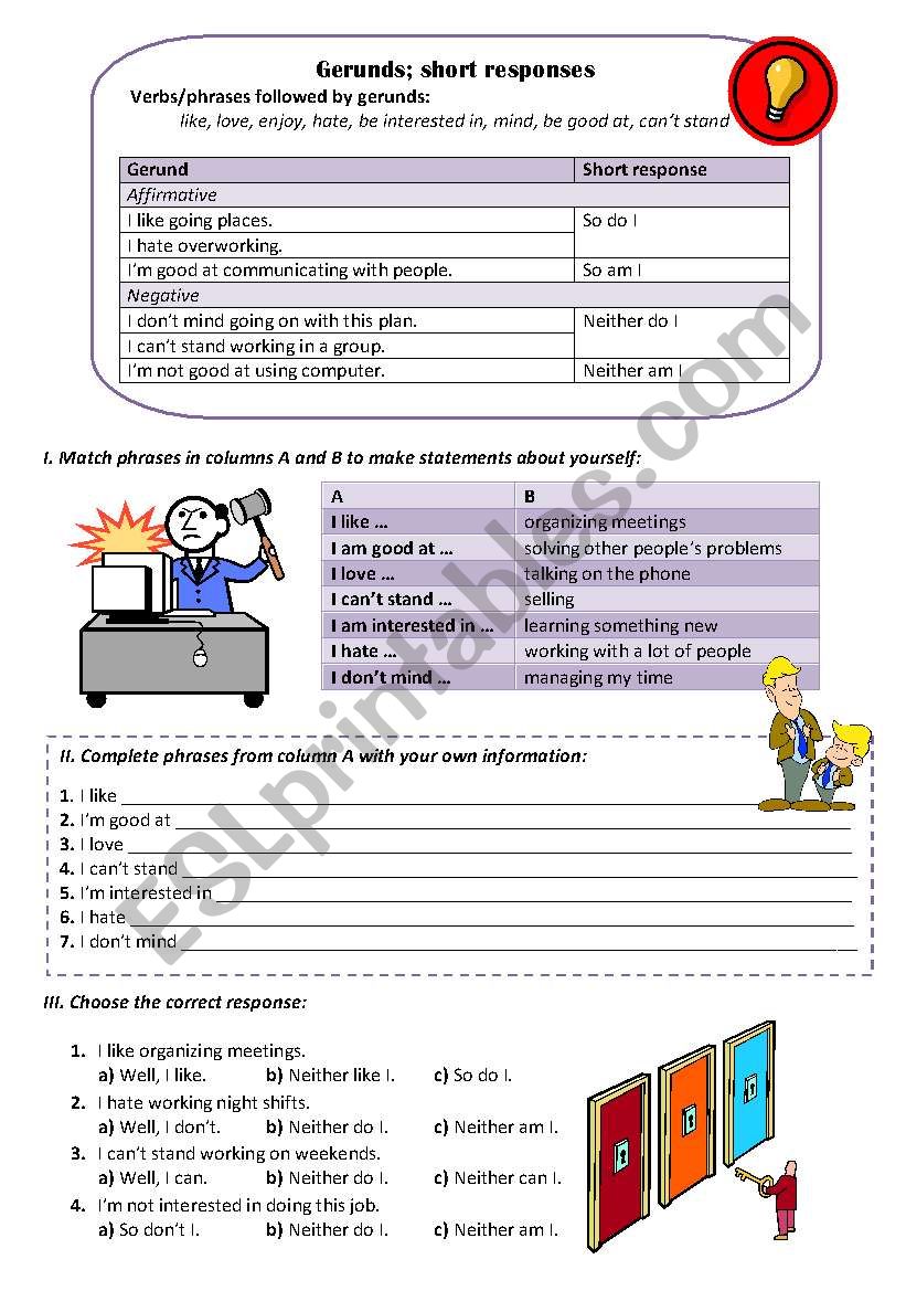 GERUNDS AND SHORT RESPONSES worksheet