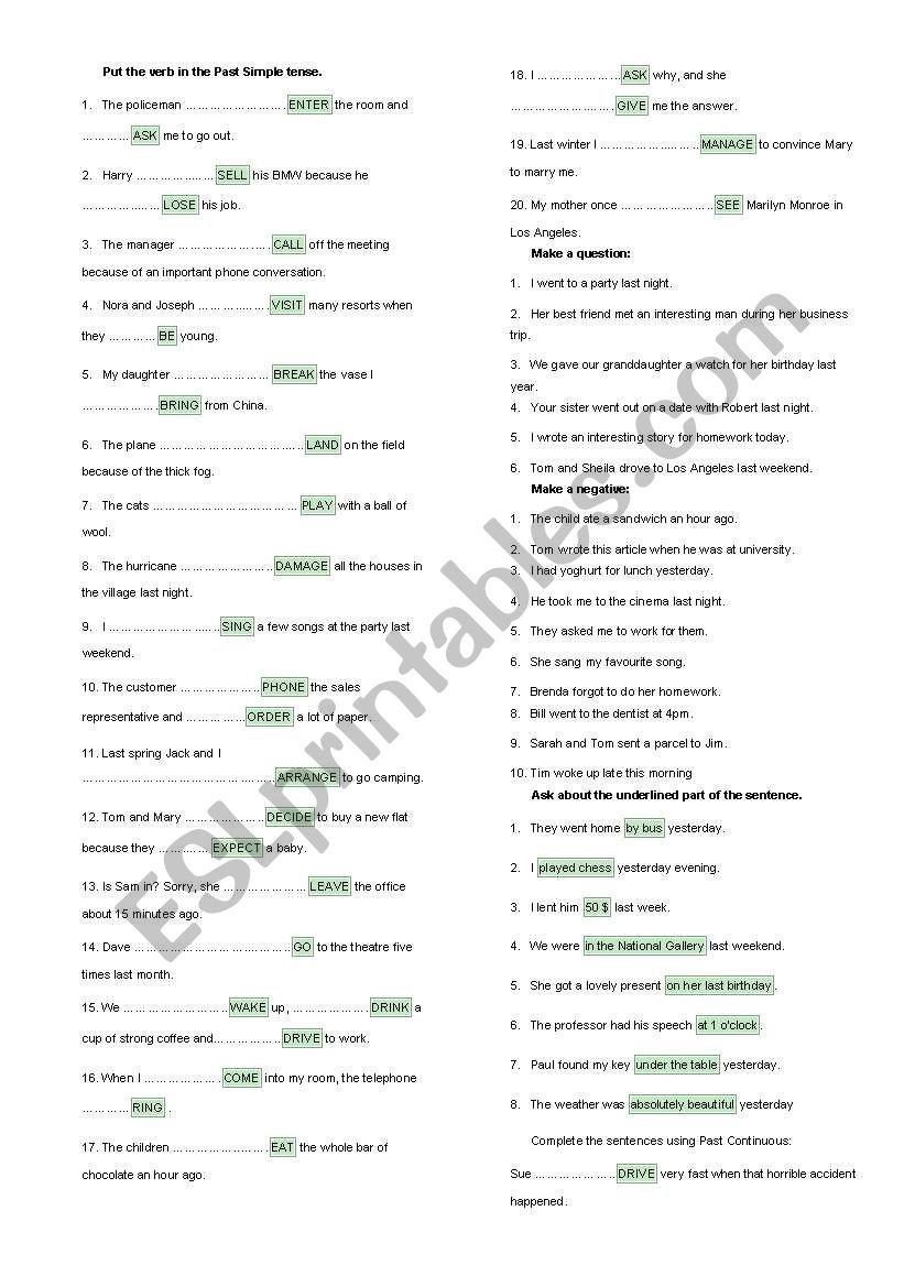 exercises on Past simple and past continuous