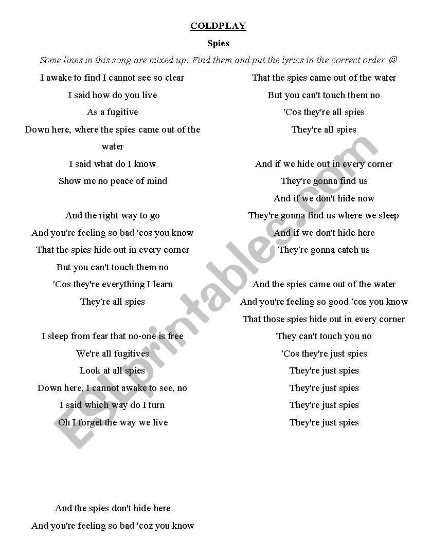 Coldplay SPIES worksheet