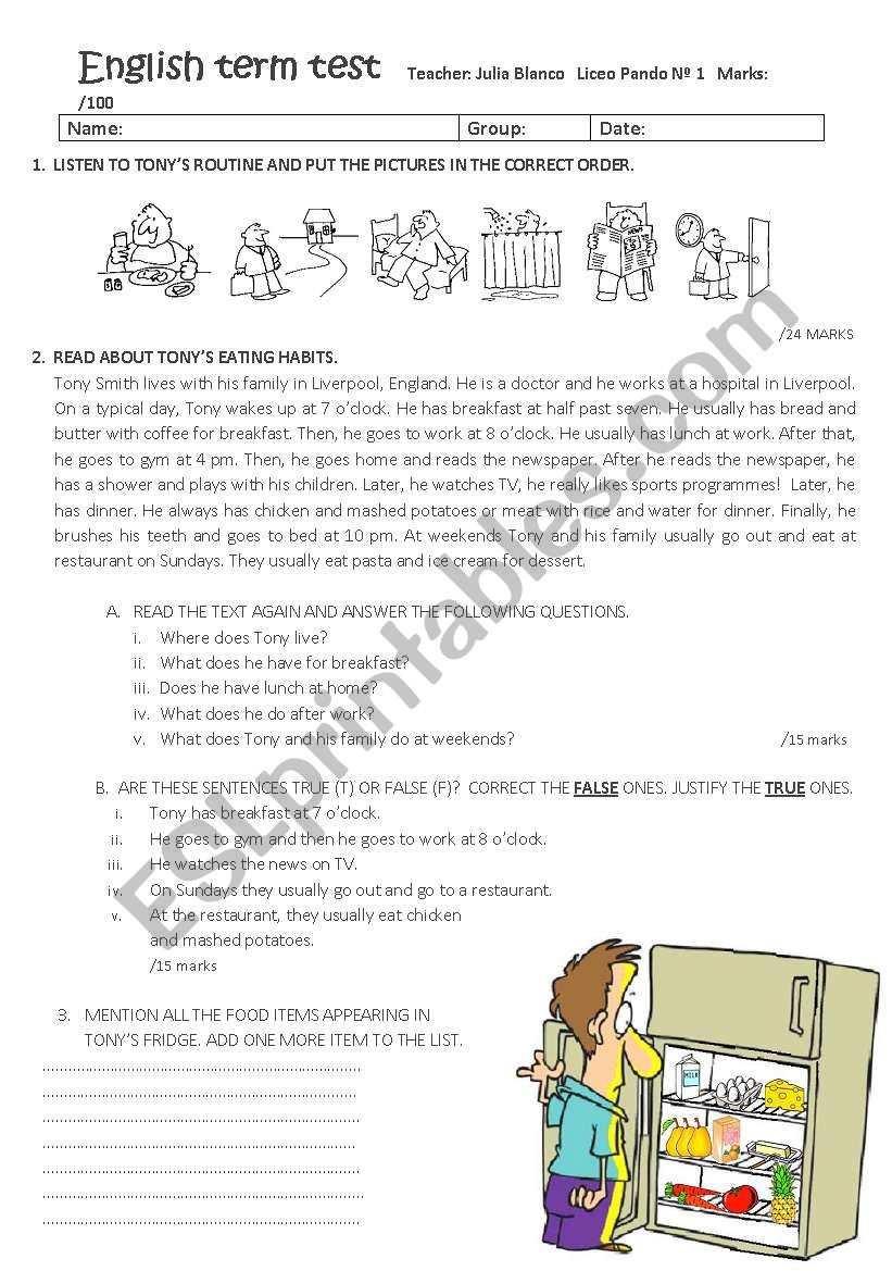 English test food worksheet