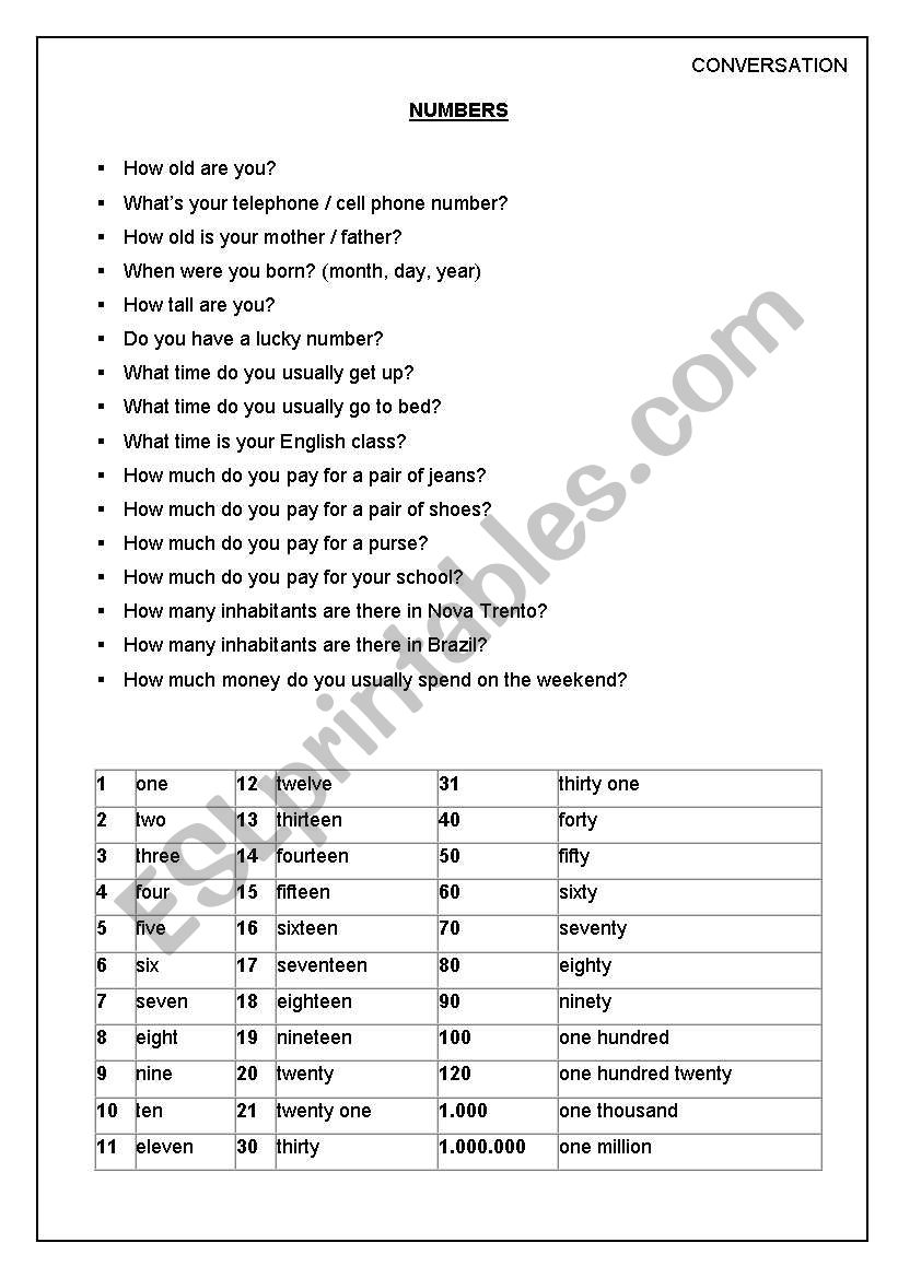 Conversation Numbers worksheet