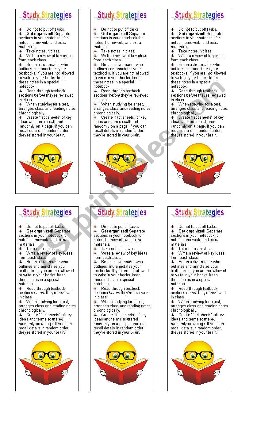 Study Tips bookmarks! worksheet