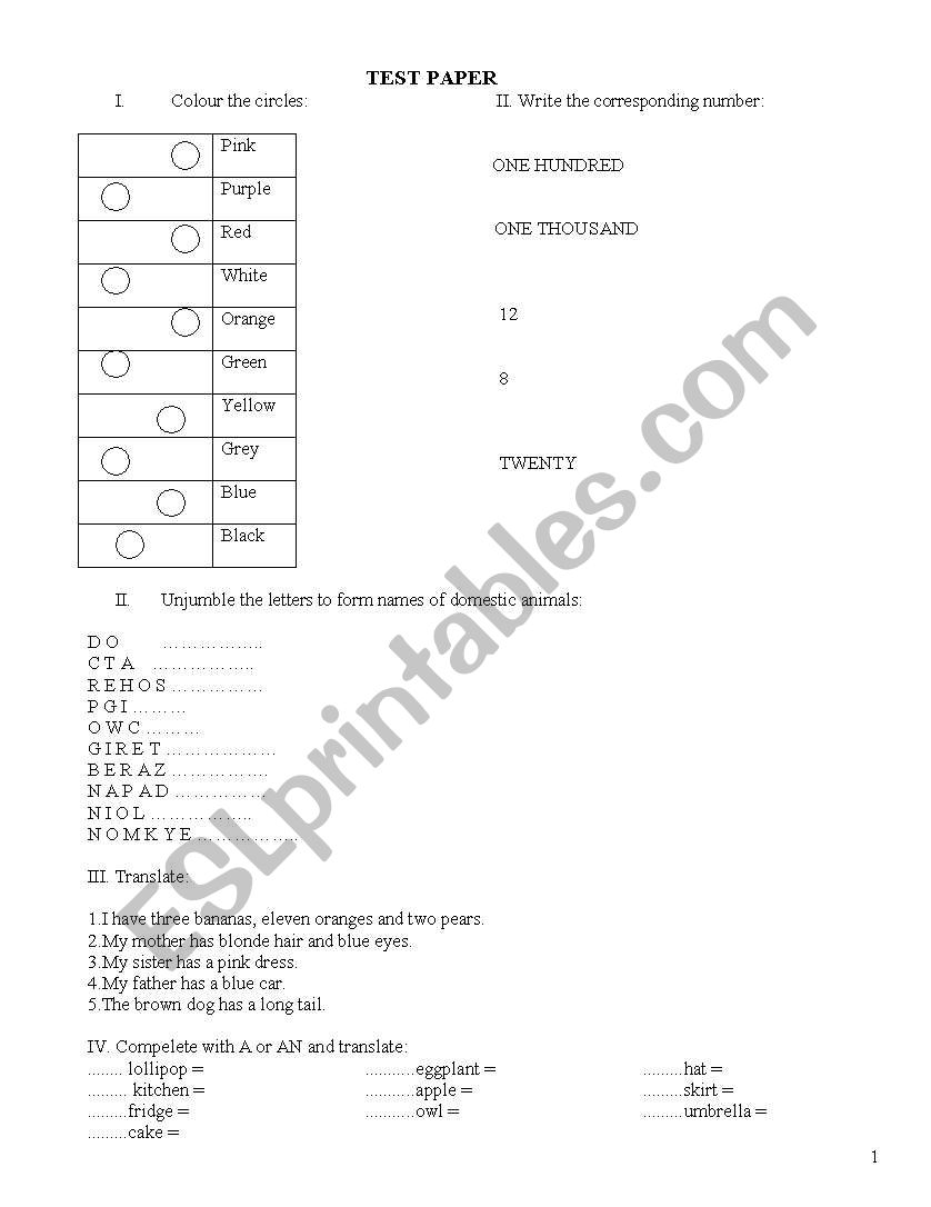 Beginners test worksheet