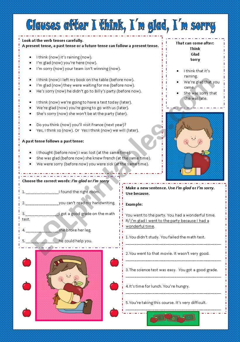 Clauses after I think, IÂ´m glad, IÂ´m sorry