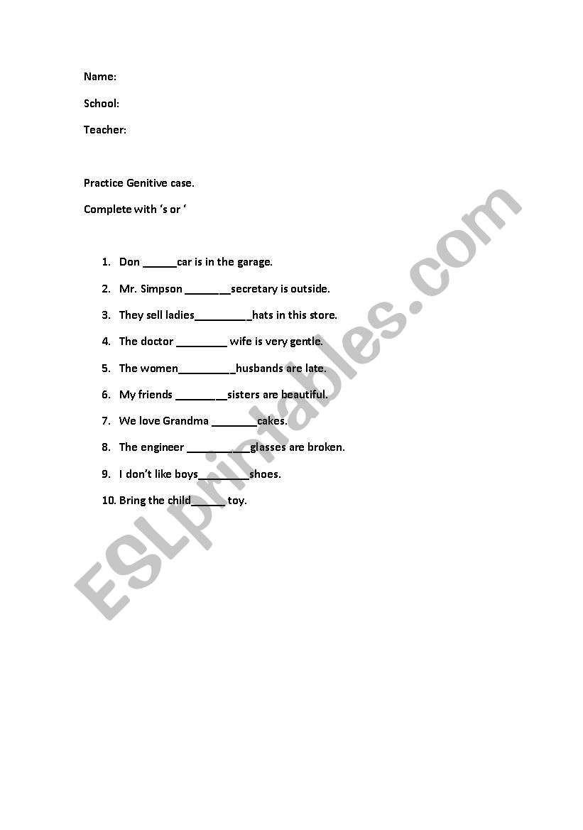 Genitive case. worksheet