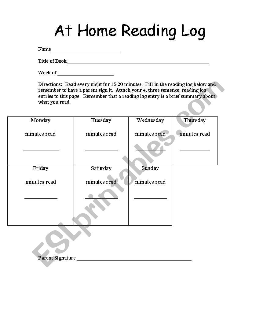 At home reading log worksheet