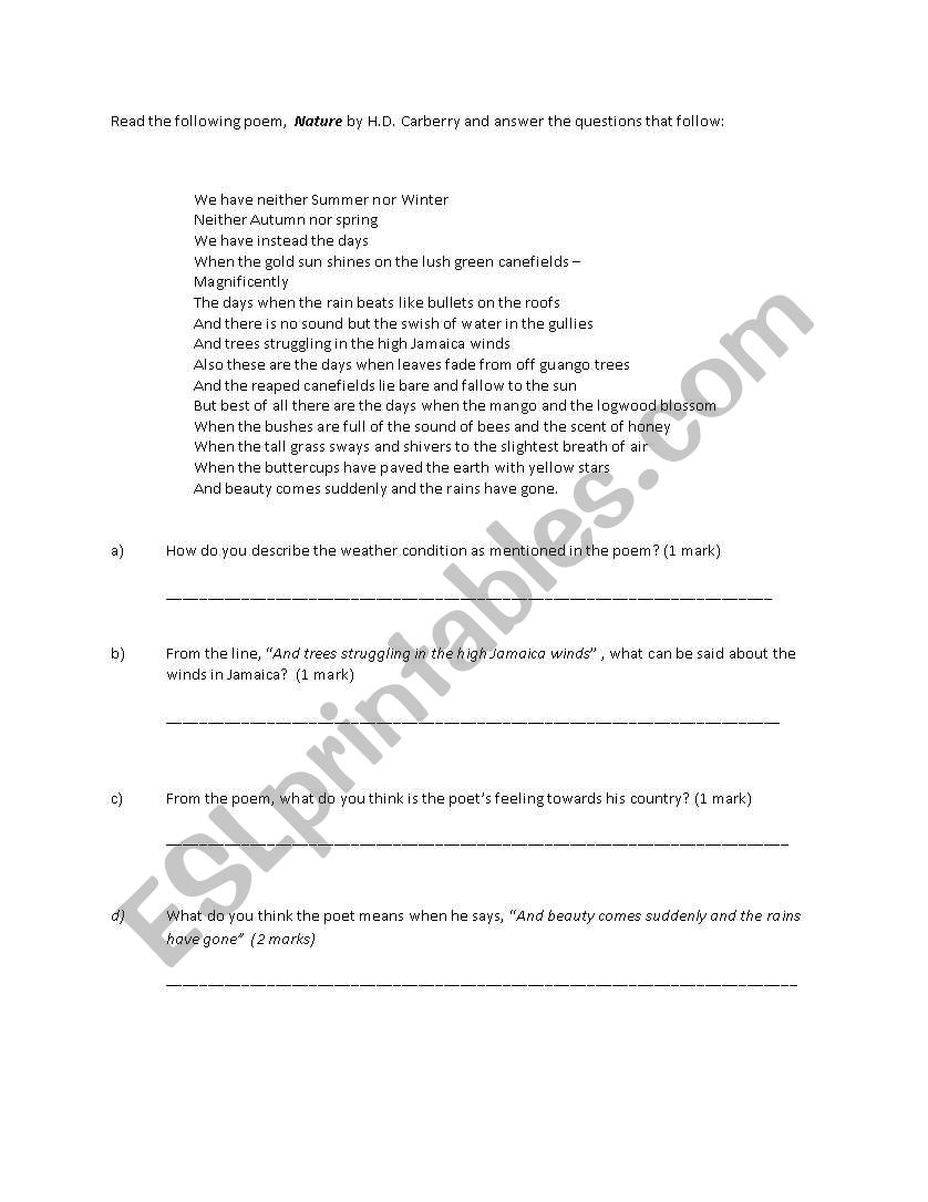 NATURE by H.D CARBERRY worksheet
