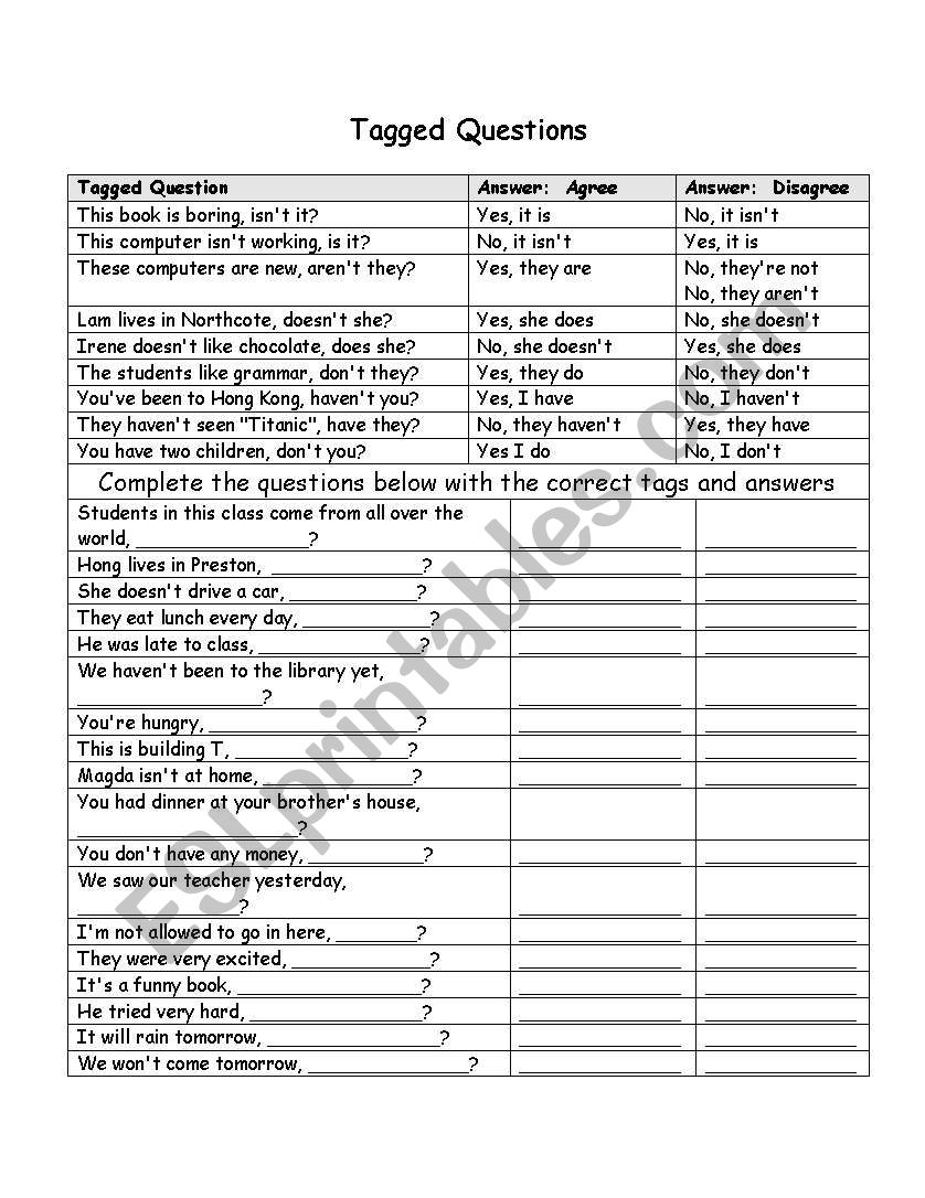 Tagged Questions worksheet