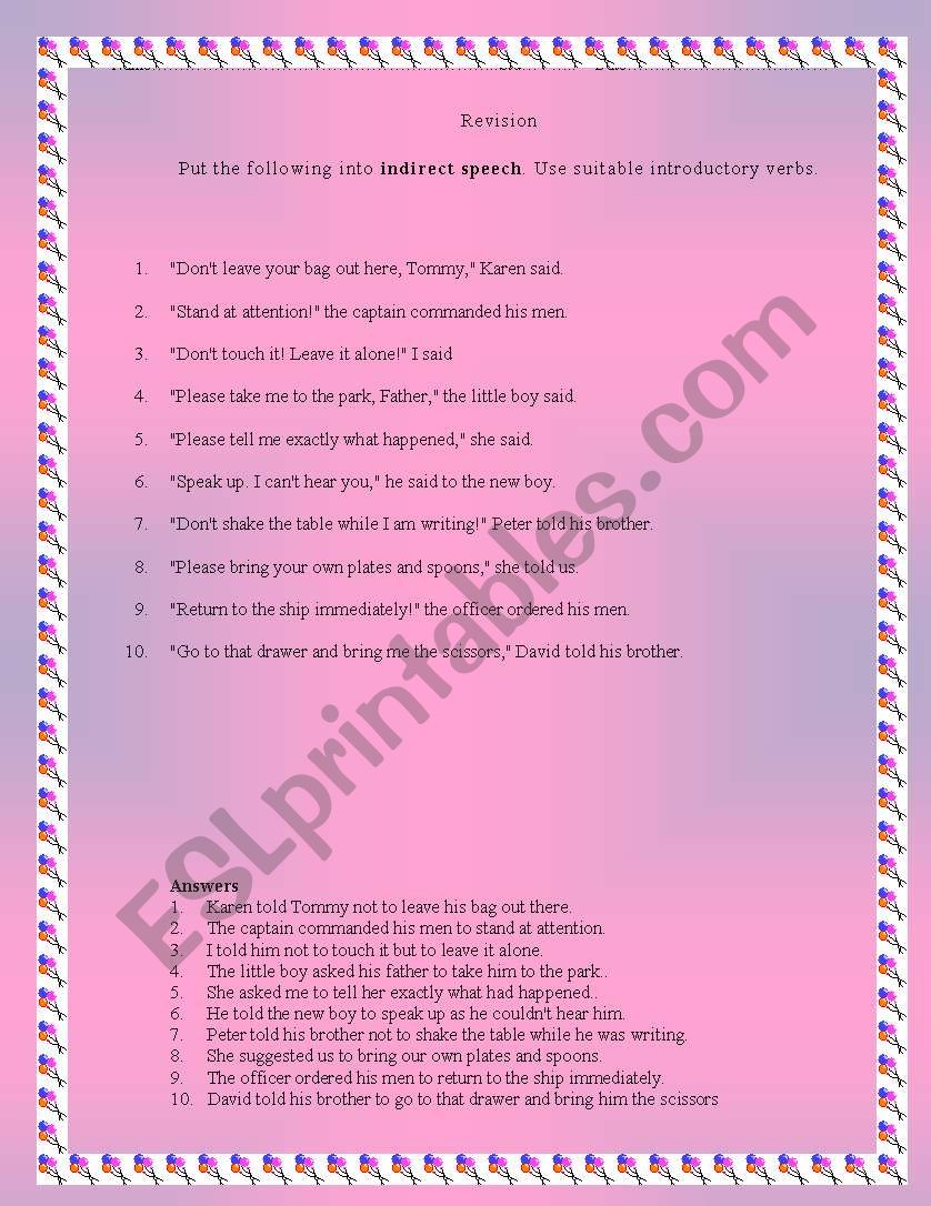 Direct Indirect Speech Worksheet