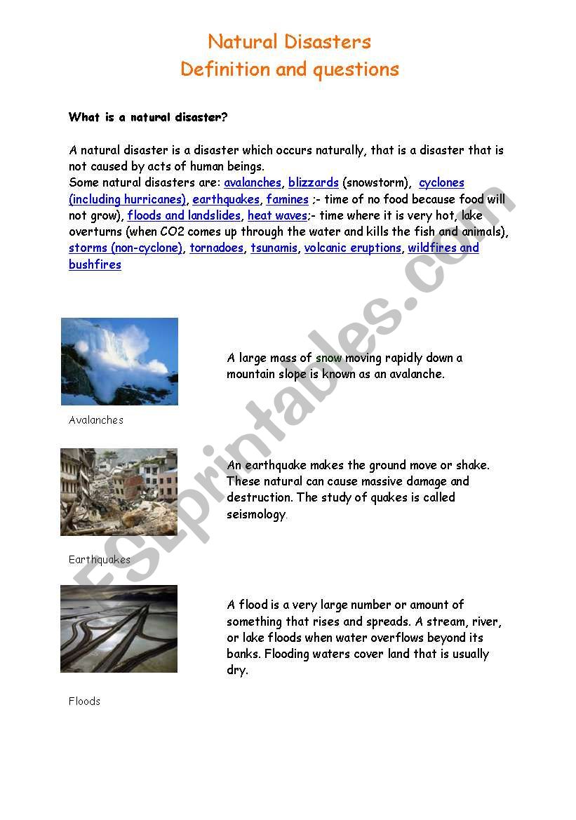 Natural Distasters Defintion worksheet