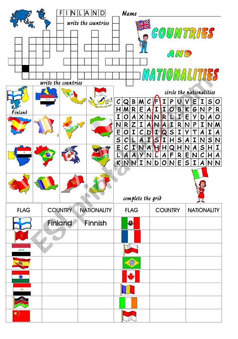 Countries and Nationalities: colour and grayscale with answer keys.