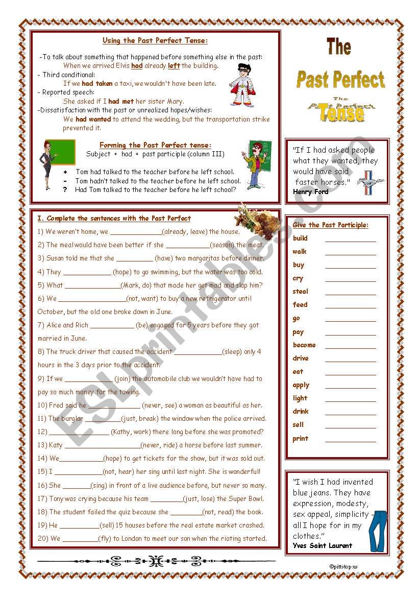 The Past Perfect Tense - ESL worksheet by douglas