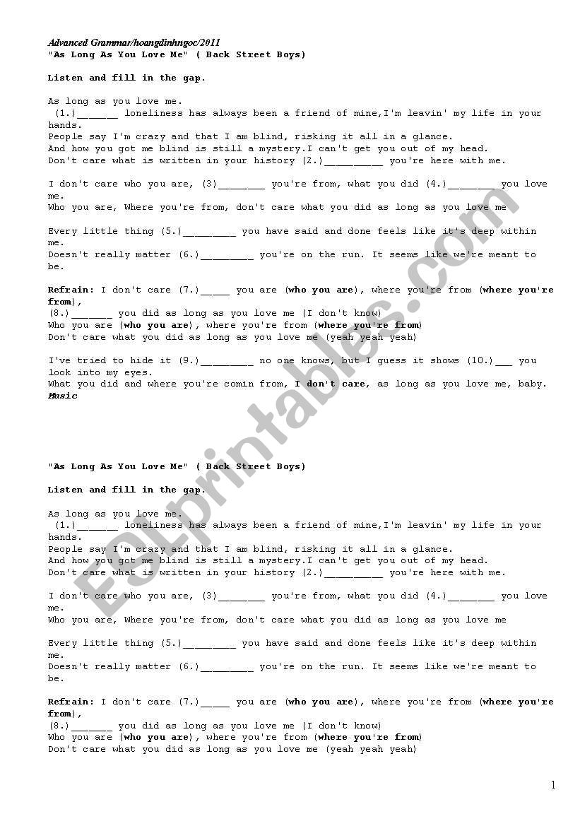 Song-Complex sentence worksheet