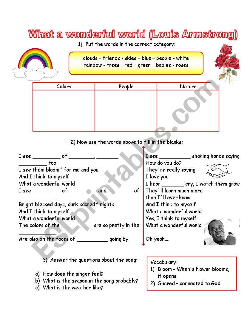 What a wonderful world (Louis Armstrong) song with exercises and answer key