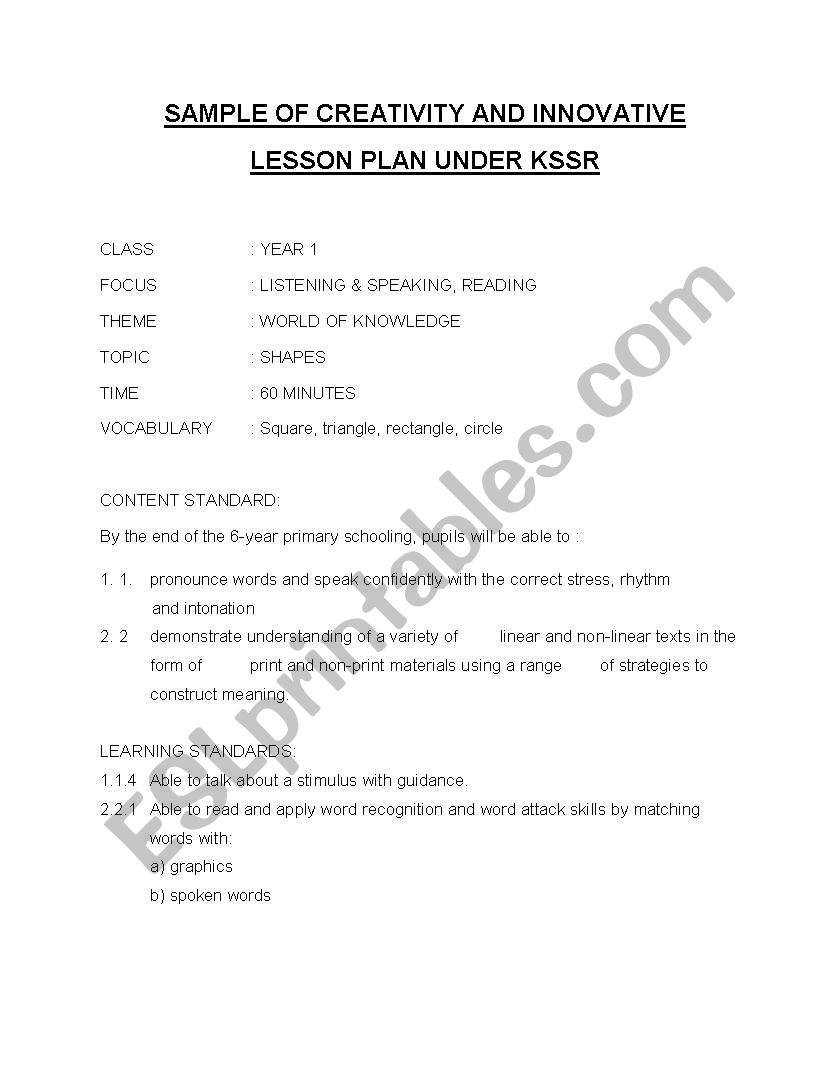 lesson plan for year 1 worksheet