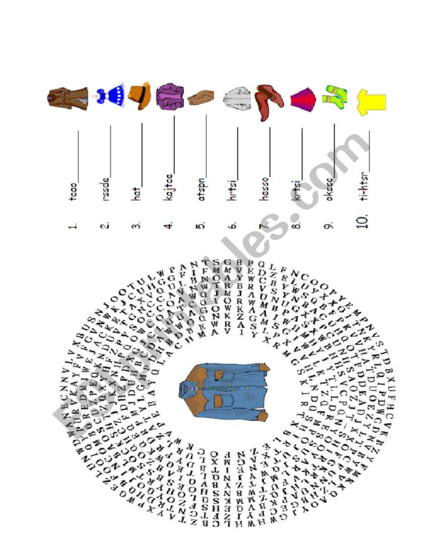 clothes unscramble and wheel word search