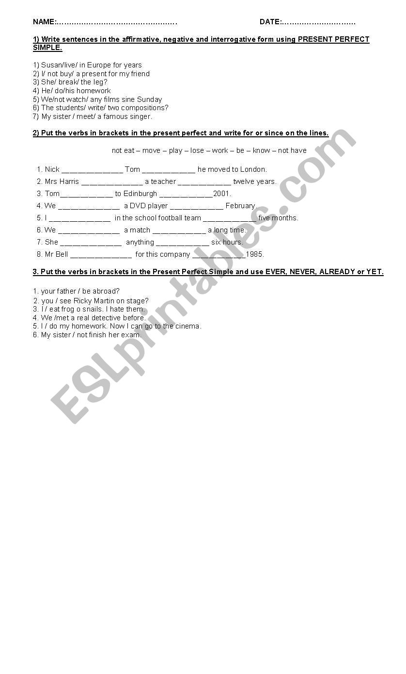 PRESENT PERFECT SIMPLE worksheet