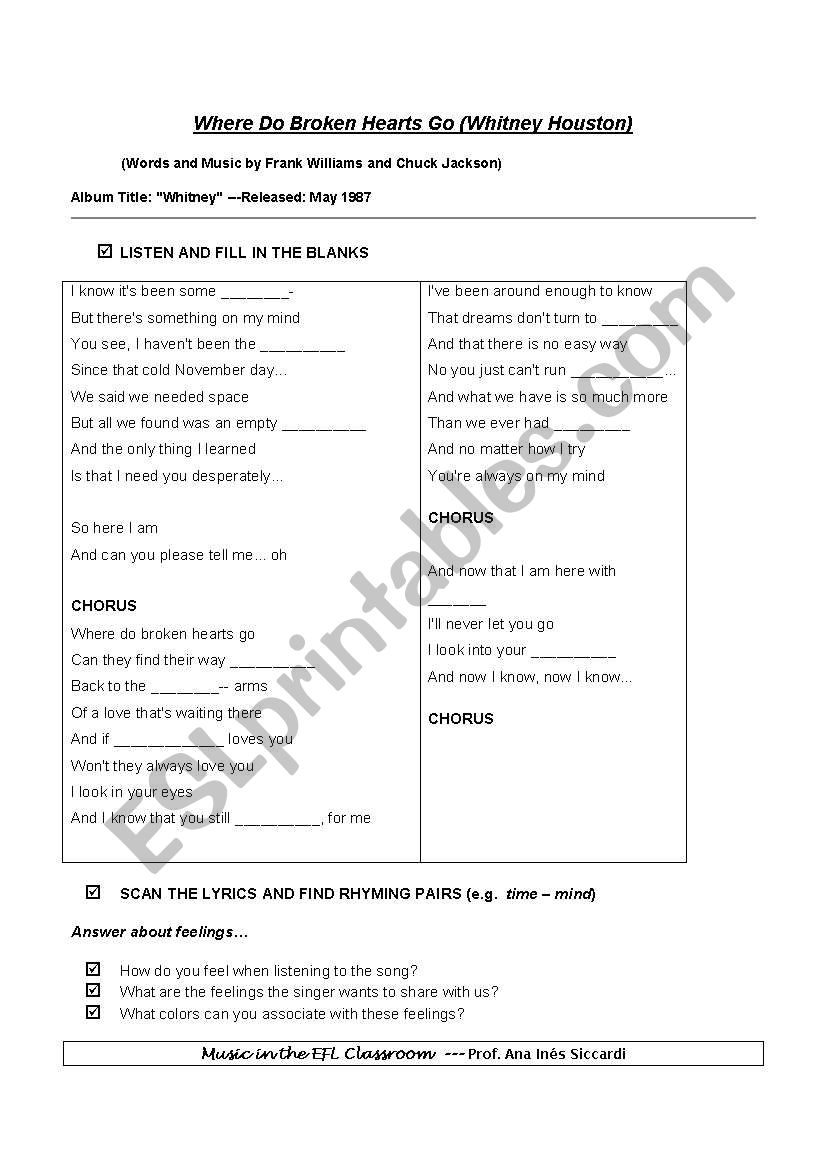 Where do Broken Hearts Go worksheet