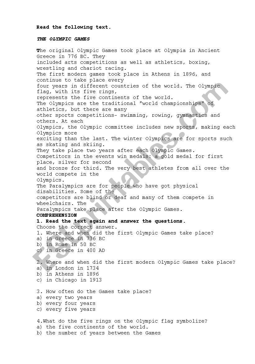 Text about Olimpic games worksheet