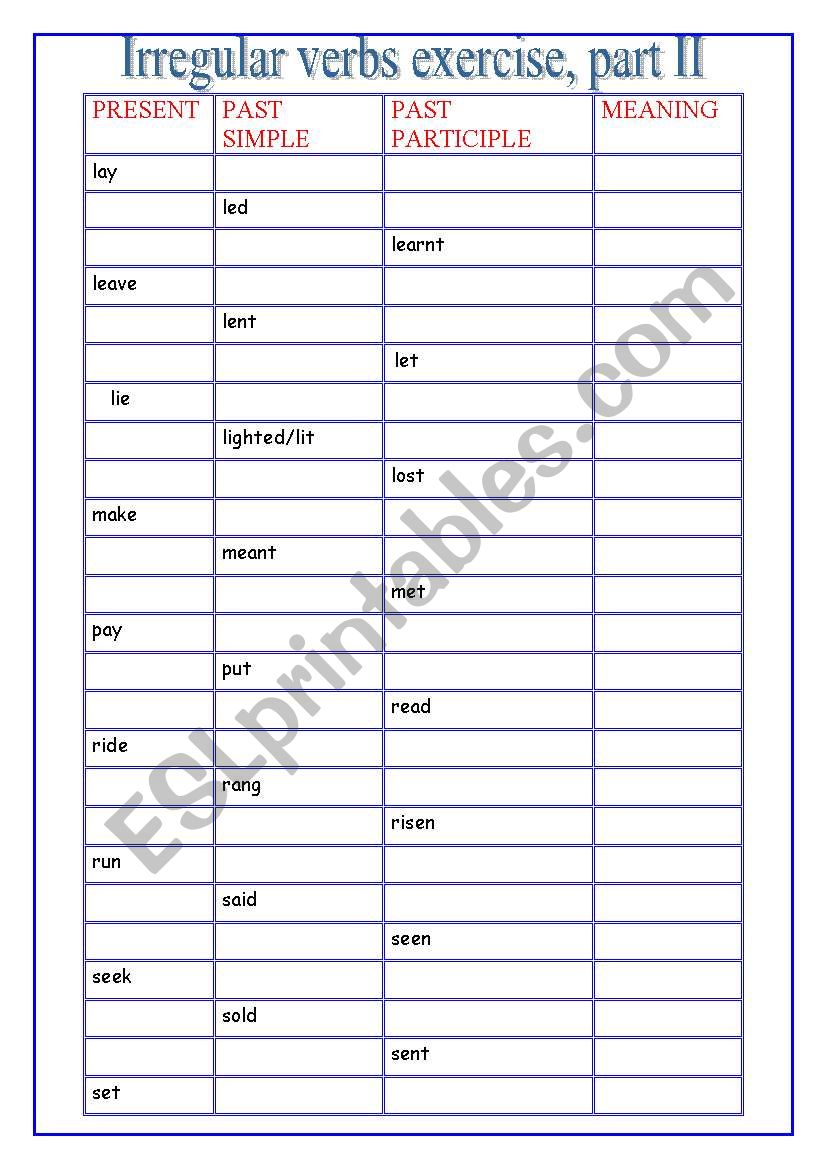 irregular verbs worksheet