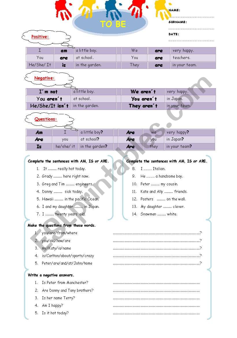 verb to be - present simple worksheet