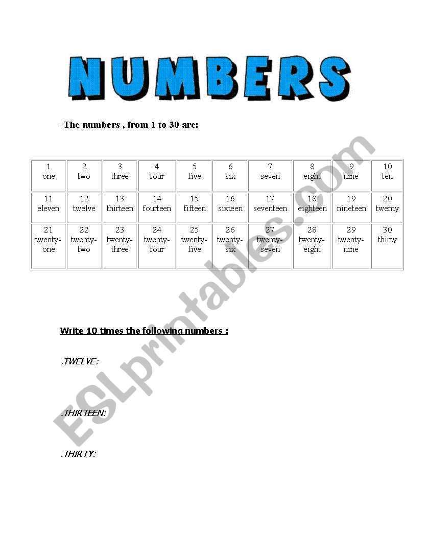 Numbers from 1-30 worksheet