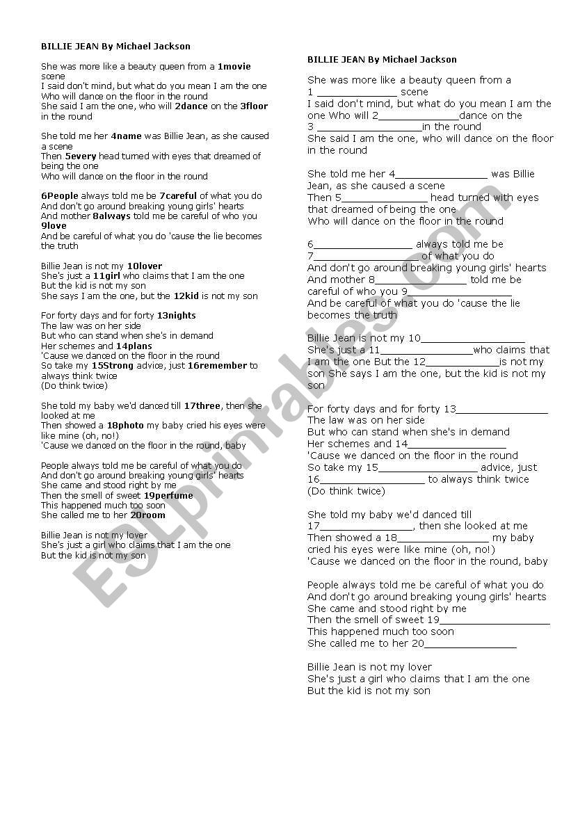 BILLIE JEAN worksheet