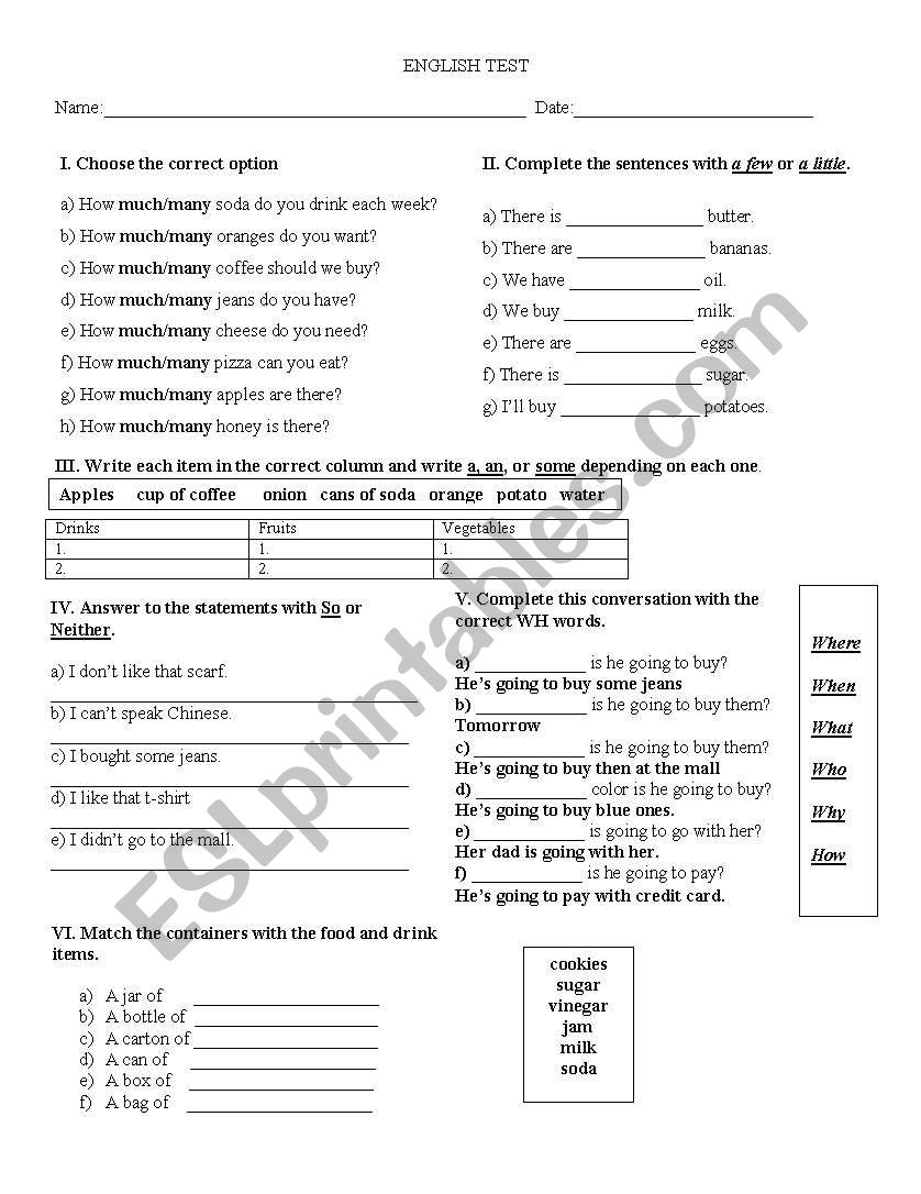 Much, many, a lot of, a little, a few - Test-English