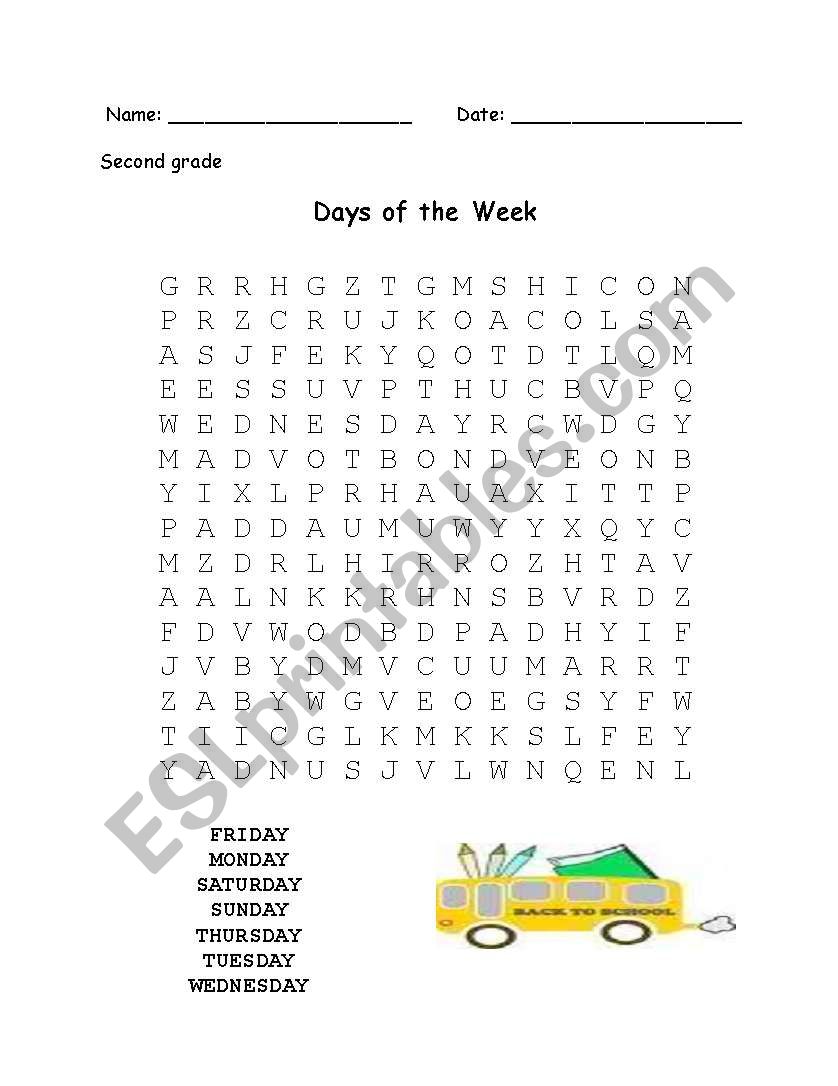 Days of the Week Word Search worksheet