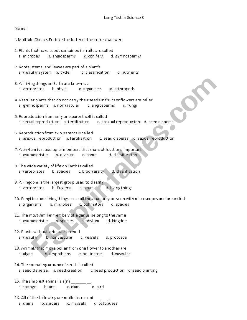 Science worksheet